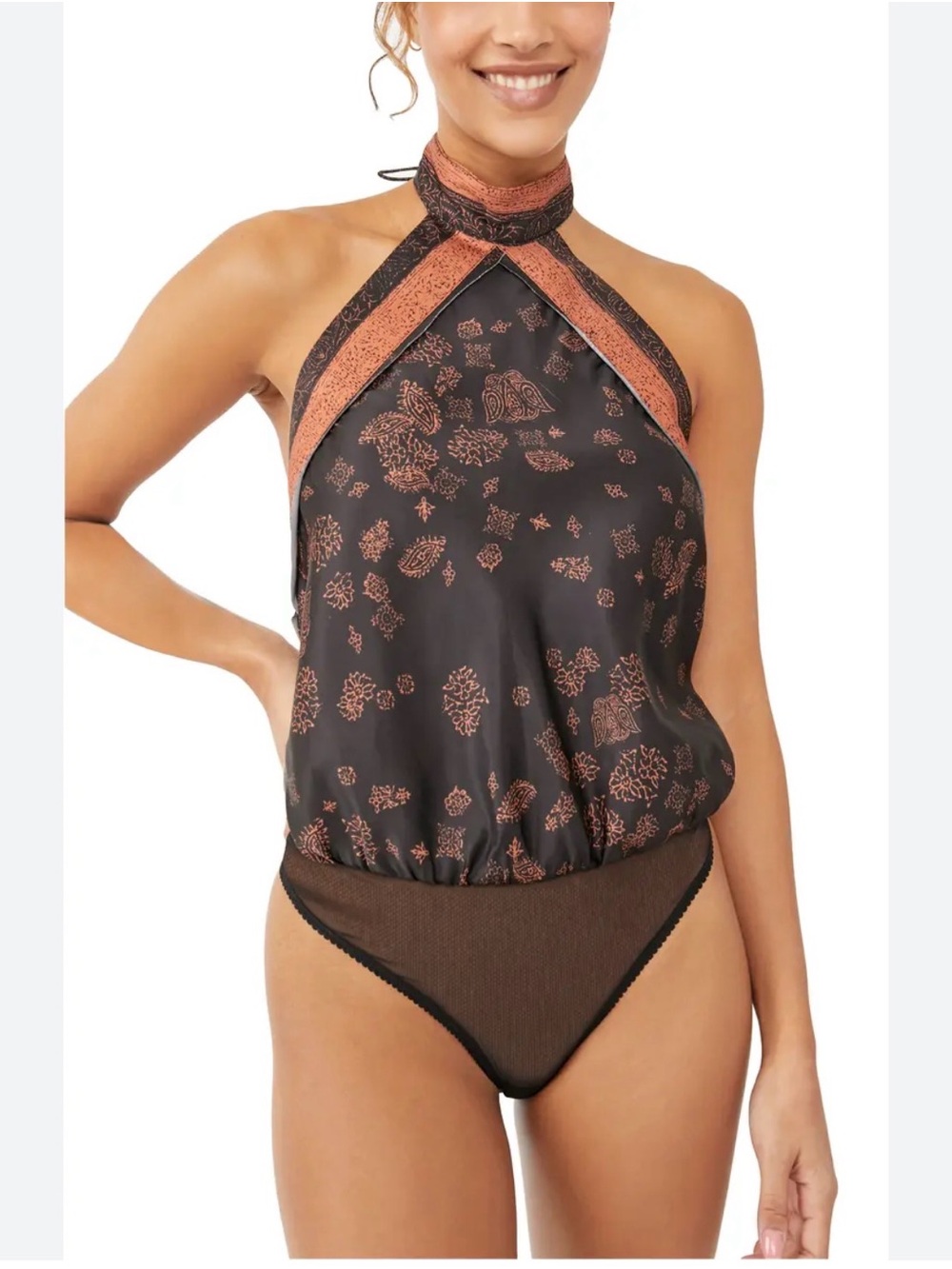 Free People Printed Halter Bodysuit in Black & Rust